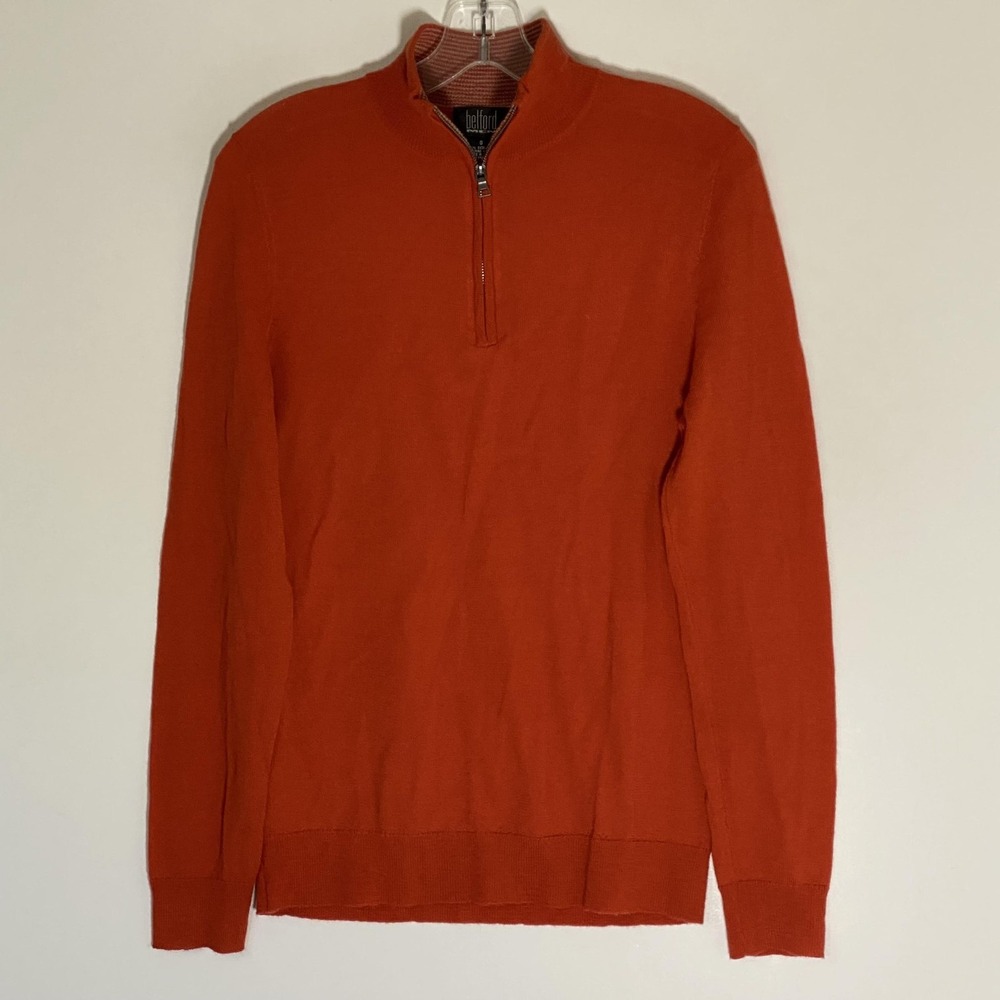 Belford Sweater Mens Small Orange‎ 1/4 Zip Mock Neck Merino Wool Pullover Knit